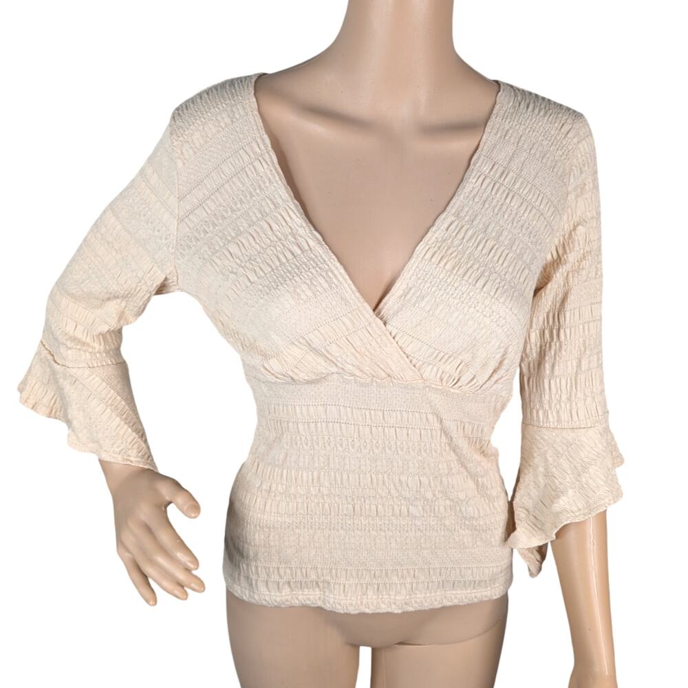 Vtg Y2K Newport News Crochet Knit Top S Cream Wrap Asymmetric Bell Sleeve Fairy